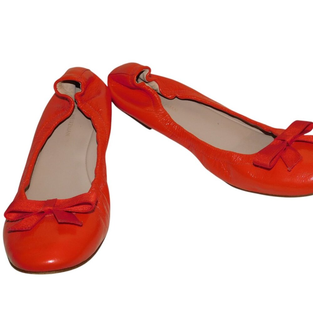 Stuart Weitzman Raven Bow Scrunch Ballet Flats in Paprika Orange Leather 8.5M
